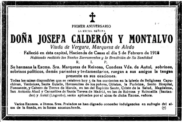 Esquela Josefa Calderón 1918 – Torre Aledo – Casa Carolina Codorniú y Bosch